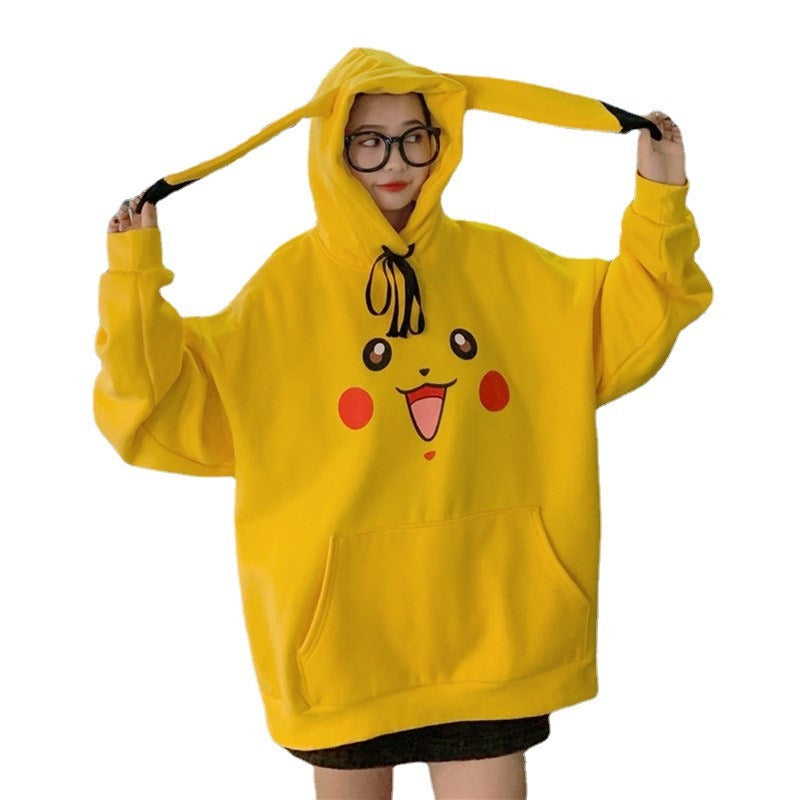 Pikachu Velvet Fleece Sweater Female Students Japanese Anime With Cap Long Section Hooded Jacket