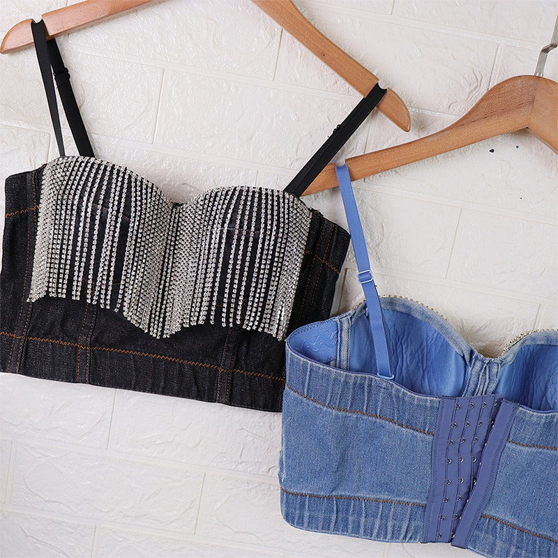 Women Sexy Spaghetti Strap Bustier Glitter Tassel Rhinestone Washed Denim Camisole Vest Club Party Jean Corset Crop Top