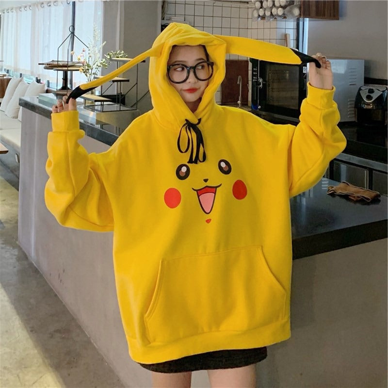 Pikachu Velvet Fleece Sweater Female Students Japanese Anime With Cap Long Section Hooded Jacket