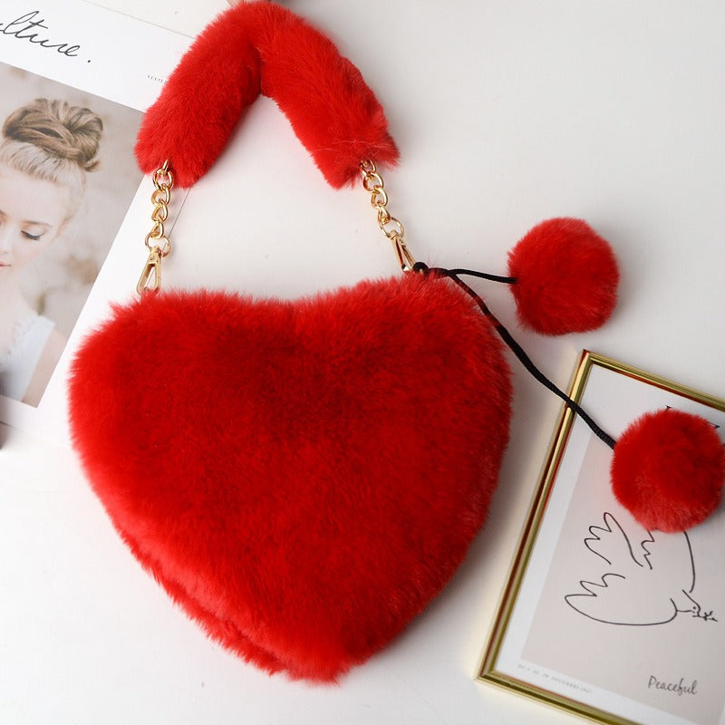 Cyber Red Fashion Plush Heart shaped Bag Women's Handbag Obliquely Straddle with Heart Heart Love Hairpin Wallet